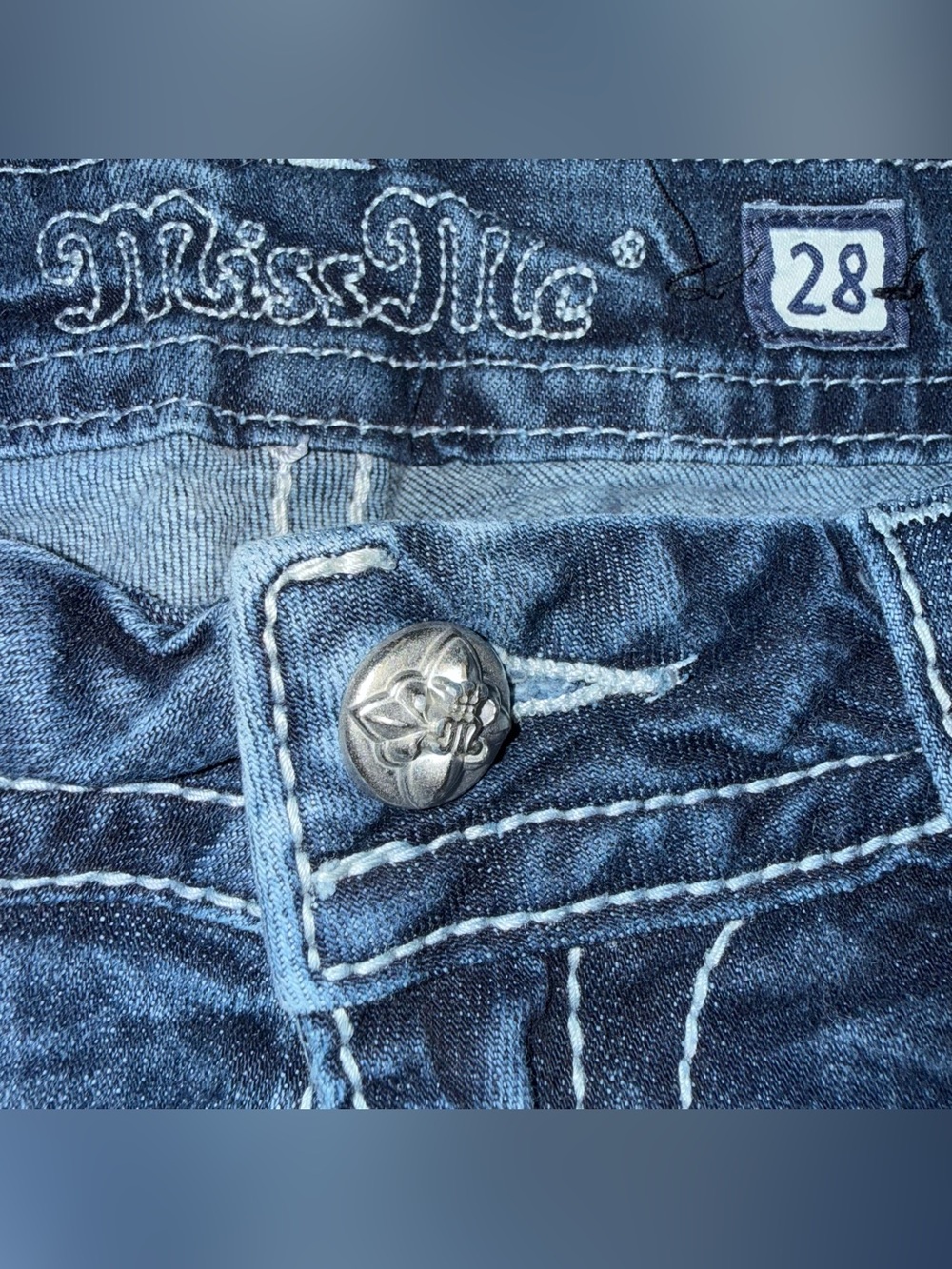 Miss Me Mid Rise Easy Boot Dark Embellished Back Pockets Jeans Wings women’s 28 - Picture 14 of 16